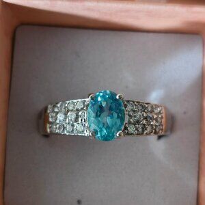 Blue topaz/zircon ring, 925 silver, size 10